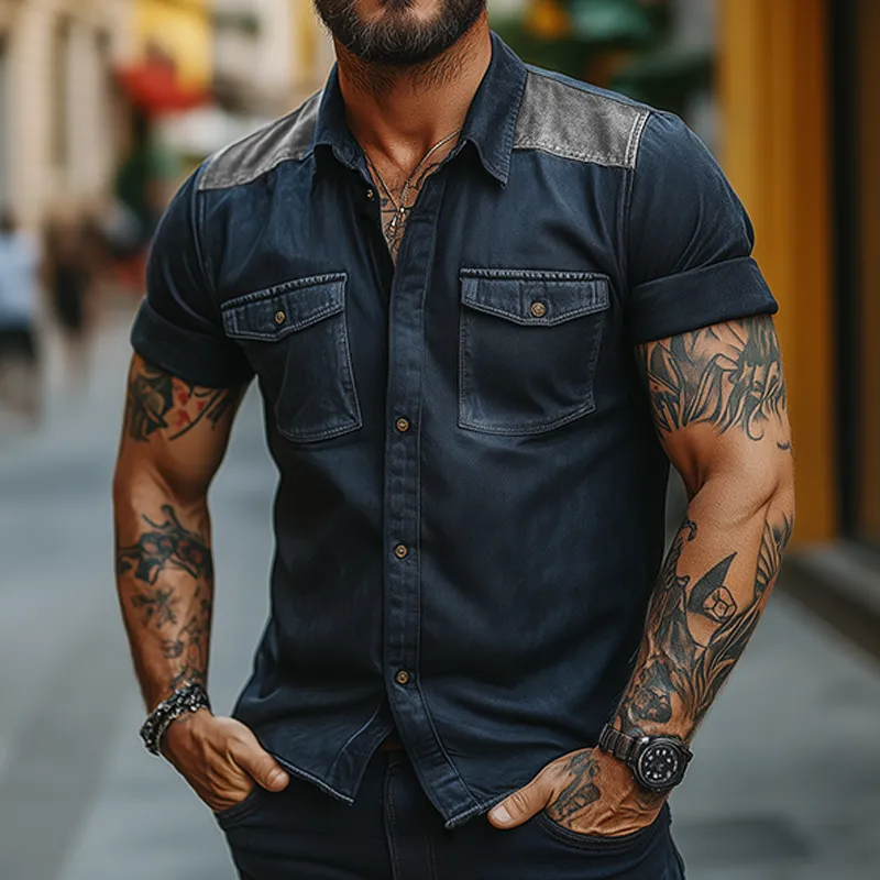 Men's Vintage Distressed Washed Denim Lapel Short-sleeved Shirt MTA2614F6TO sold by Manly product image thumbnail 3