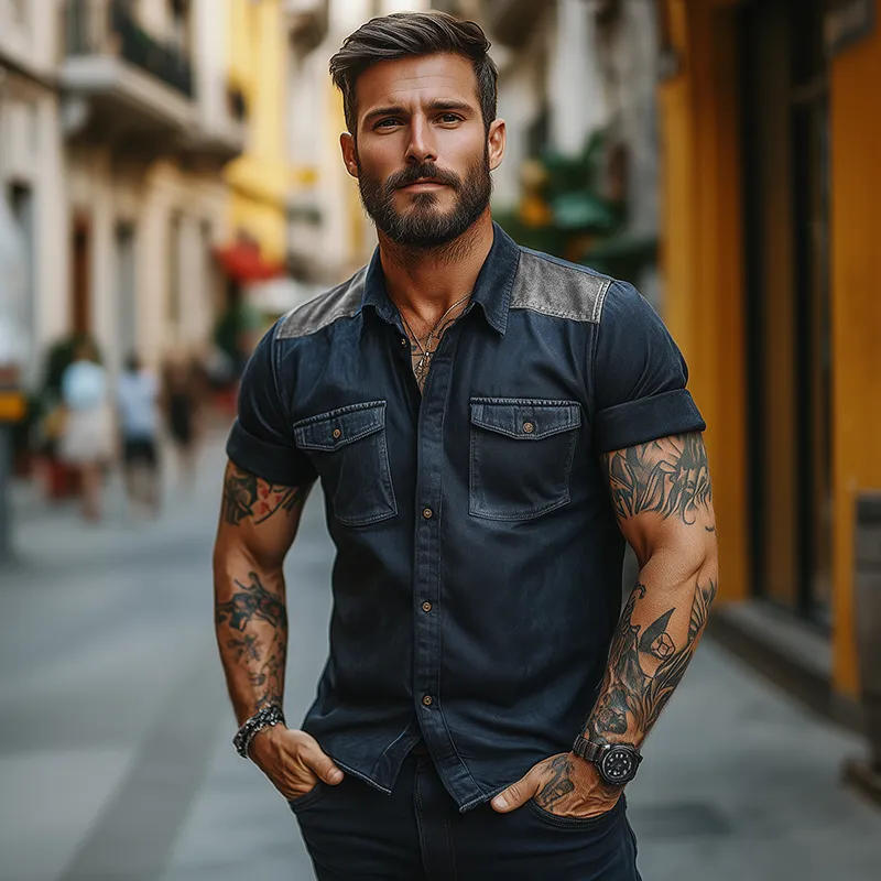 Men's Vintage Distressed Washed Denim Lapel Short-sleeved Shirt MTA2614F6TO sold by Manly product image thumbnail 2