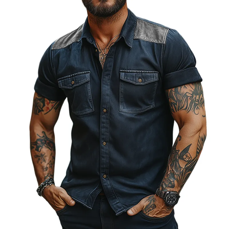 Men's Vintage Distressed Washed Denim Lapel Short-sleeved Shirt MTA2614F6TO sold by Manly