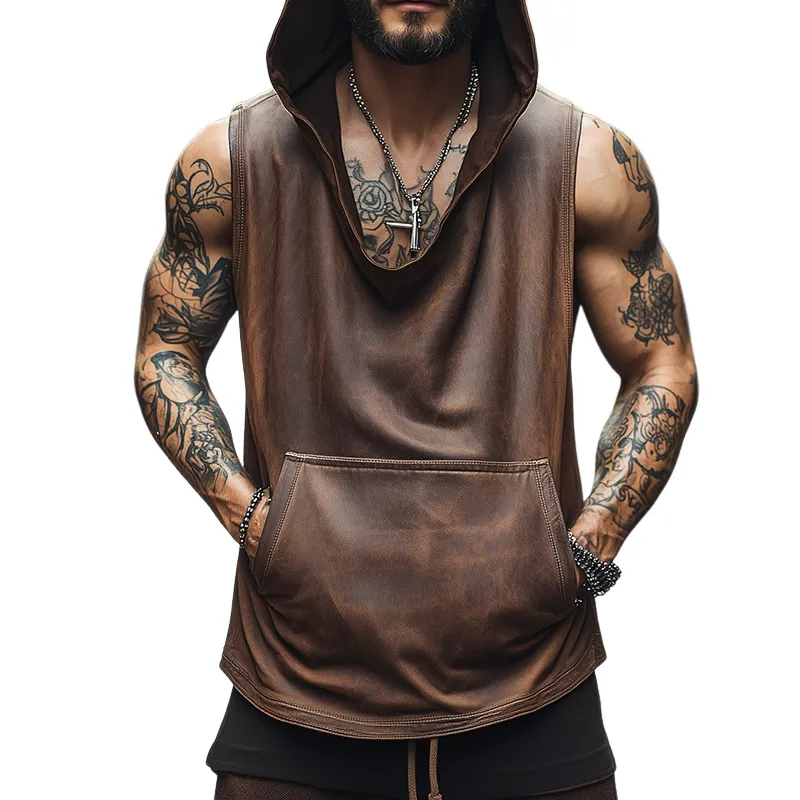 Men's Vintage High Quality Leather Distressed Hooded Tank Top MTA2615F7TO sold by Manly