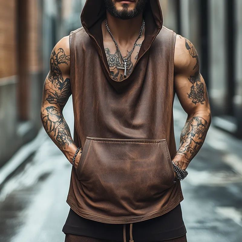 Men's Vintage High Quality Leather Distressed Hooded Tank Top MTA2615F7TO sold by Manly product image thumbnail 4