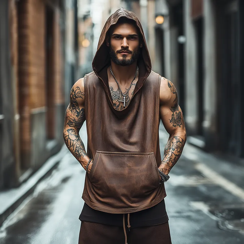 Men's Vintage High Quality Leather Distressed Hooded Tank Top MTA2615F7TO sold by Manly product image thumbnail 2