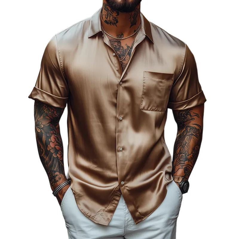 Men's Retro Casual Solid Color Satin Lapel Short Sleeve Shirt MTA2657F2TO sold by Manly