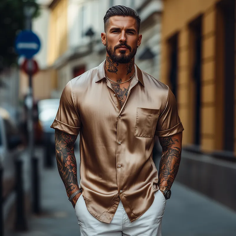 Men's Retro Casual Solid Color Satin Lapel Short Sleeve Shirt MTA2657F2TO sold by Manly product image thumbnail 3