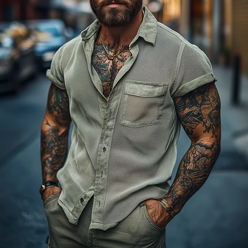 Men's Retro Mesh Splicing Lapel Short Sleeve Shirt MTA2693F9TO sold by Manly product image thumbnail 2