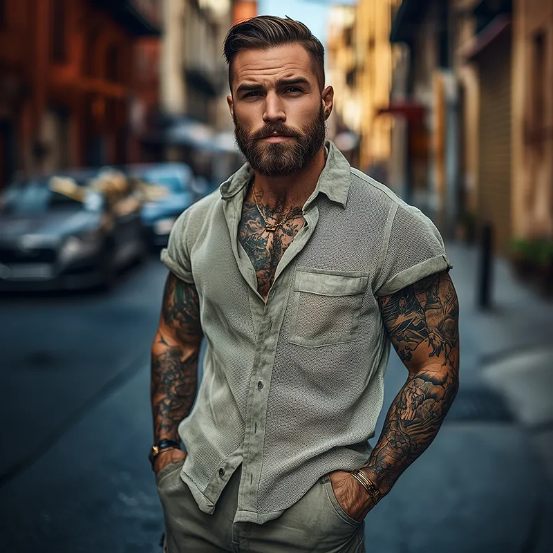 Men's Retro Mesh Splicing Lapel Short Sleeve Shirt MTA2693F9TO sold by Manly product image thumbnail 3