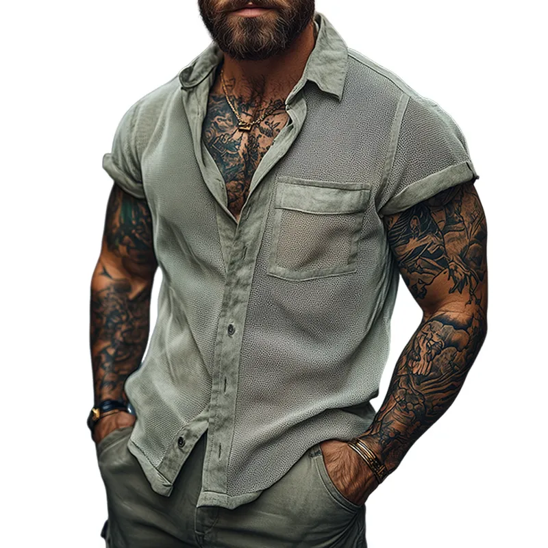 Men's Retro Mesh Splicing Lapel Short Sleeve Shirt MTA2693F9TO sold by Manly