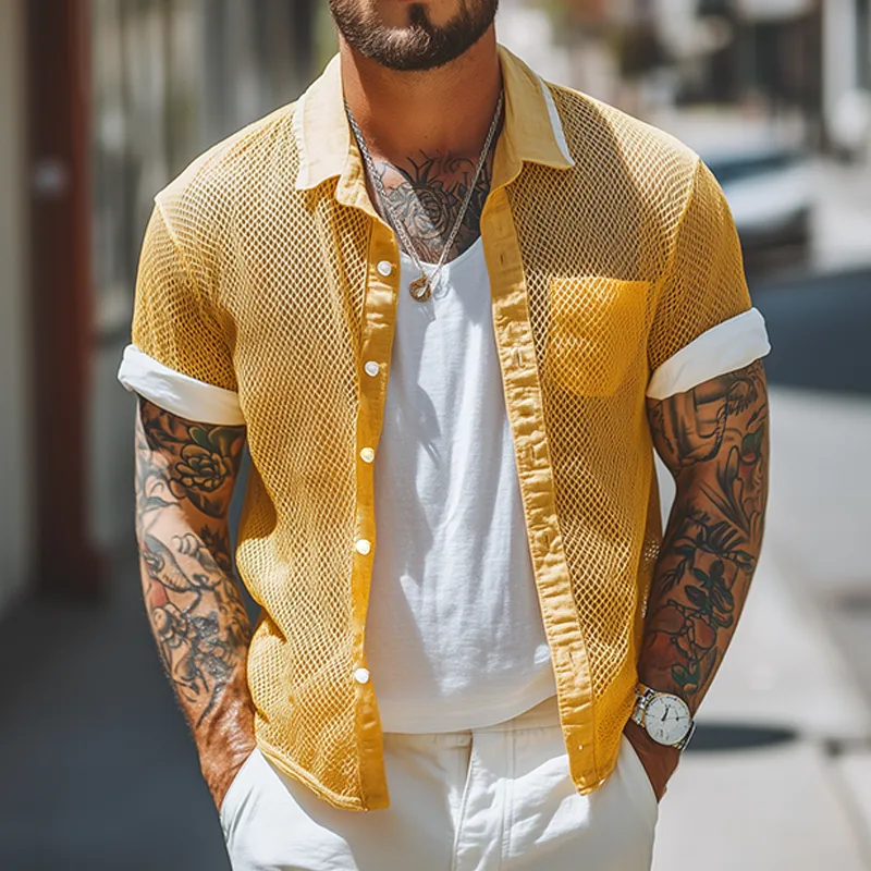Men's Retro Mesh Splicing Lapel Short Sleeve Shirt MTA2691F0TO sold by Manly product image thumbnail 2