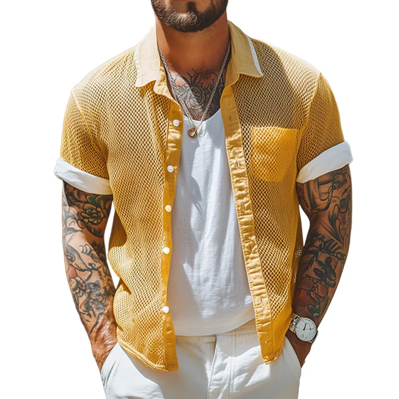 Men's Retro Mesh Splicing Lapel Short Sleeve Shirt MTA2691F0TO sold by Manly