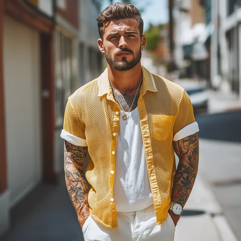 Men's Retro Mesh Splicing Lapel Short Sleeve Shirt MTA2691F0TO sold by Manly product image thumbnail 3