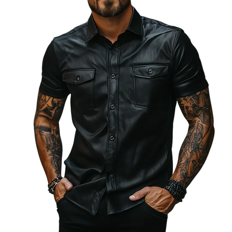 Men's Vintage Leather Lapel Short Sleeve Shirt MTA2661F6TO sold by Manly