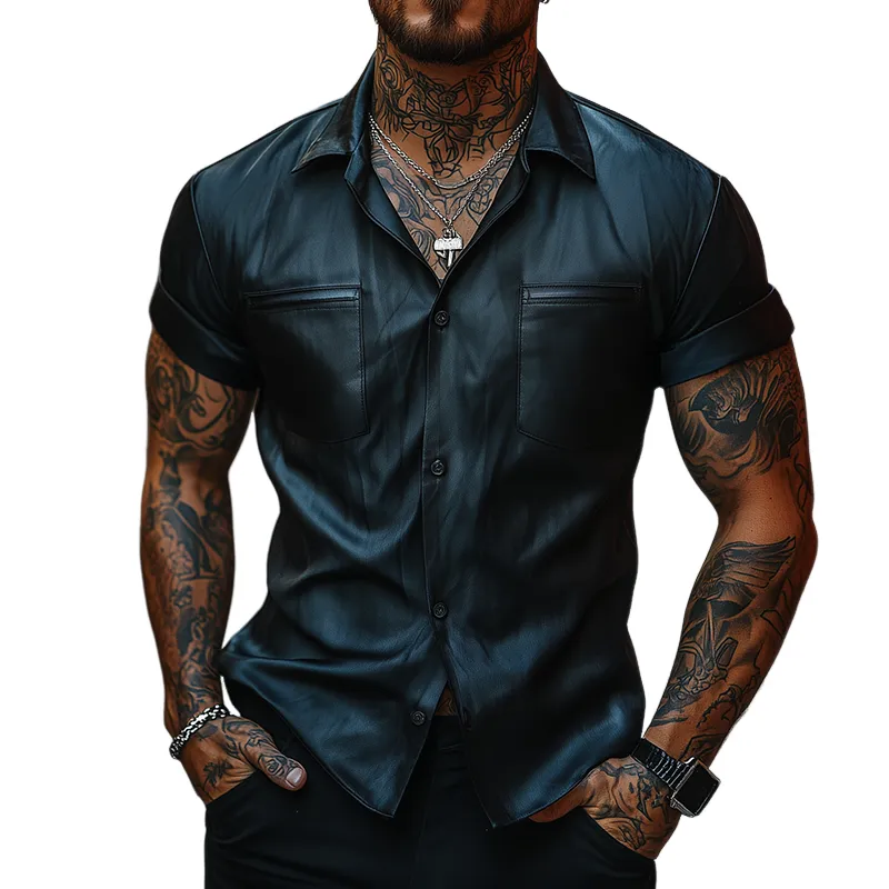 Men's Vintage Leather Lapel Short Sleeve Shirt MTA2630F3TO sold by Manly