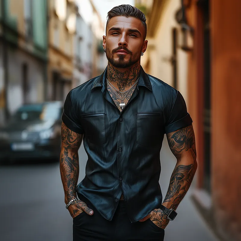 Men's Vintage Leather Lapel Short Sleeve Shirt MTA2630F3TO sold by Manly product image thumbnail 3