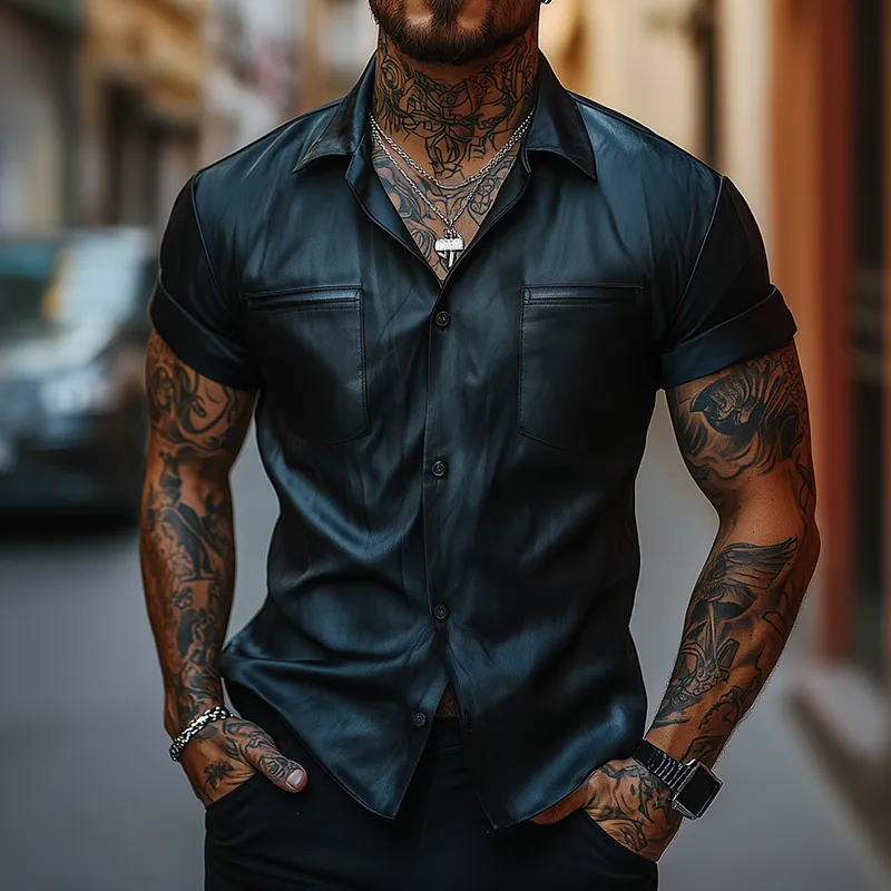 Men's Vintage Leather Lapel Short Sleeve Shirt MTA2630F3TO sold by Manly product image thumbnail 2