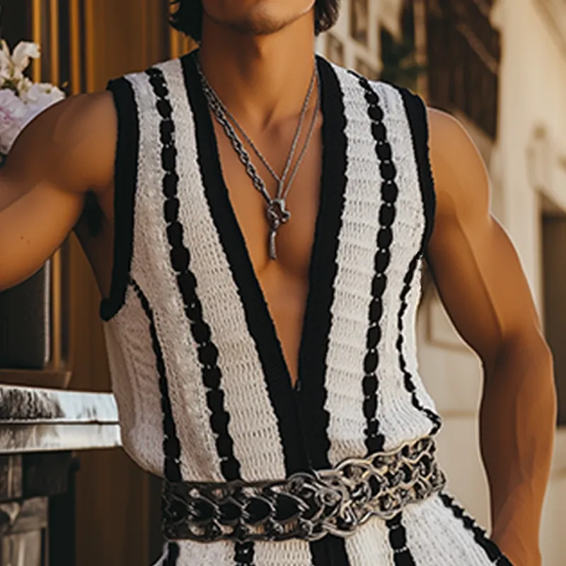 Men's Fashion Casual Deep V-Neck Black And White Contrast Vertical Striped Jacquard Knitted Jumpsuit (Without Belt) MTA2640F9K sold by Manly product image thumbnail 5