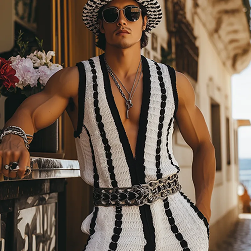Men's Fashion Casual Deep V-Neck Black And White Contrast Vertical Striped Jacquard Knitted Jumpsuit (Without Belt) MTA2640F9K sold by Manly product image thumbnail 4