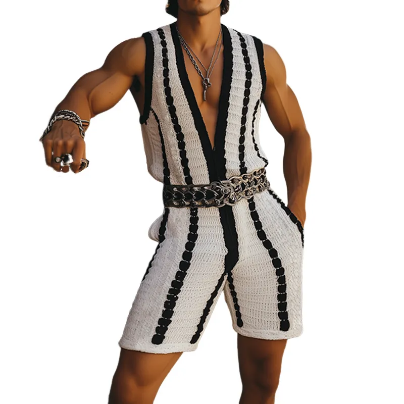 Men's Fashion Casual Deep V-Neck Black And White Contrast Vertical Striped Jacquard Knitted Jumpsuit (Without Belt) MTA2640F9K sold by Manly