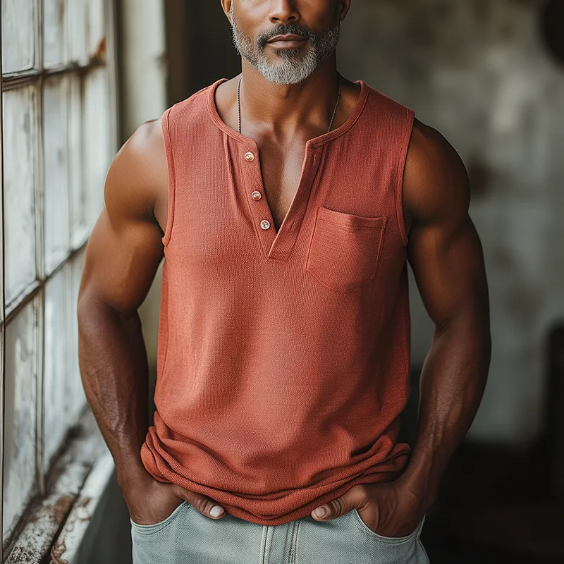 Men's Summer Fashion Waffle Cotton Blend Henley Neck Tank Top MTA2636F3P sold by Manly product image thumbnail 2