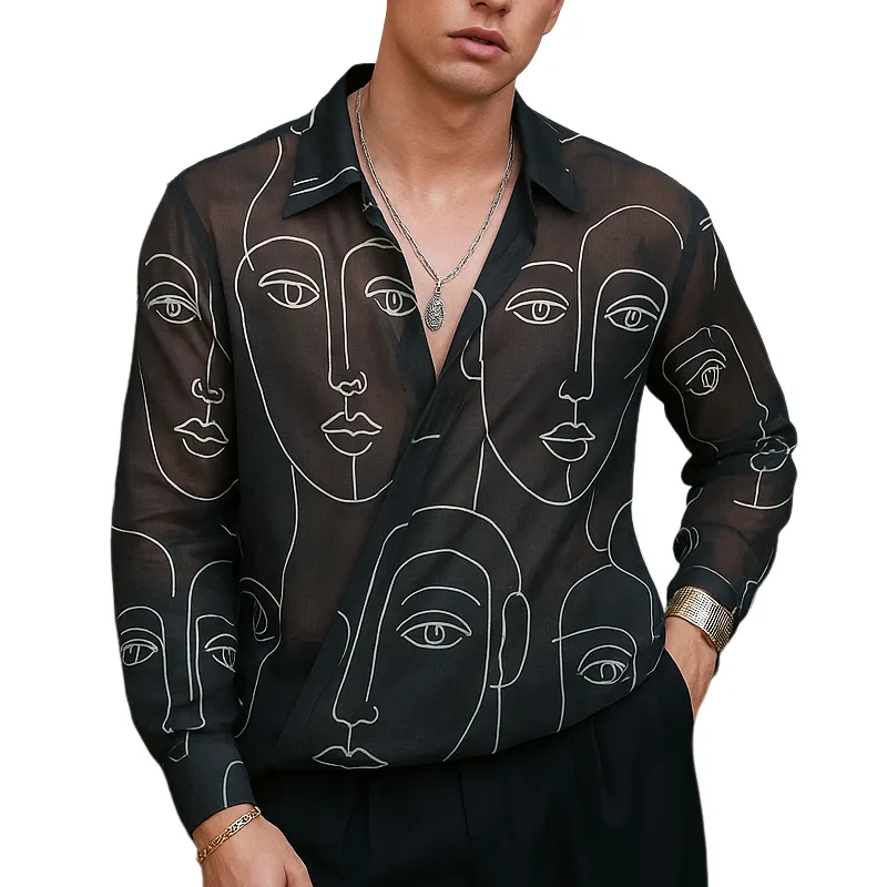 Men's Face Print Chiffon Lapel Long Sleeve Shirt MTA2605F8Z sold by Manly