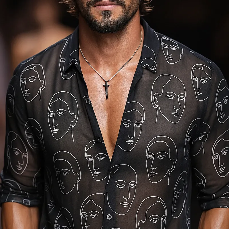 Men's Face Print Chiffon Lapel Long Sleeve Shirt MTA2676F9Z sold by Manly product image thumbnail 3