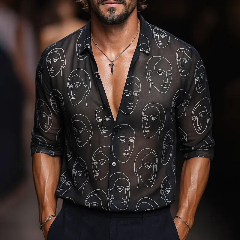 Men's Face Print Chiffon Lapel Long Sleeve Shirt MTA2676F9Z sold by Manly product image thumbnail 2