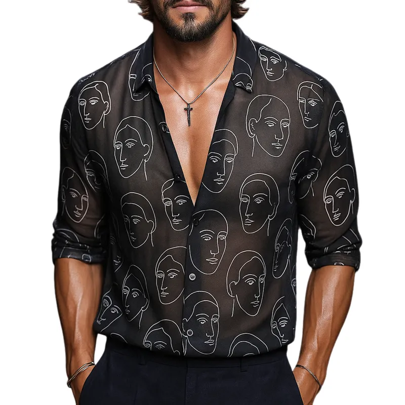 Men's Face Print Chiffon Lapel Long Sleeve Shirt MTA2676F9Z sold by Manly