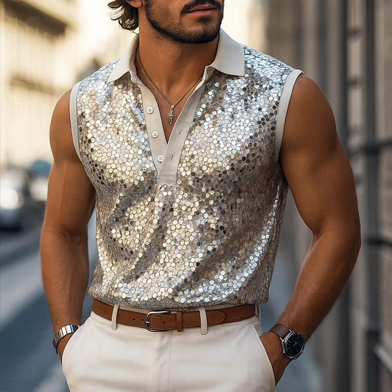 Men's Sequin Lapel Sleeveless Tank Top MTA2632F9Z sold by Manly product image thumbnail 2
