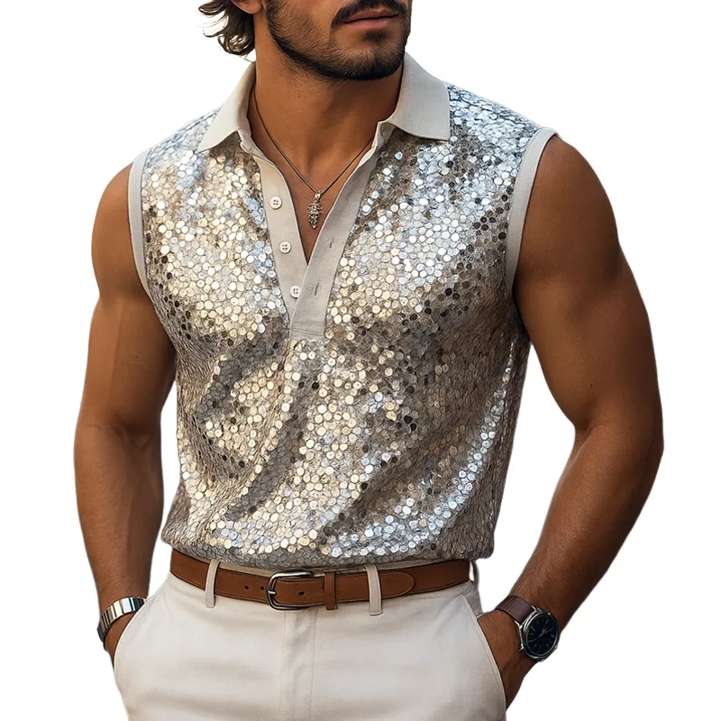 Men's Sequin Lapel Sleeveless Tank Top MTA2632F9Z sold by Manly