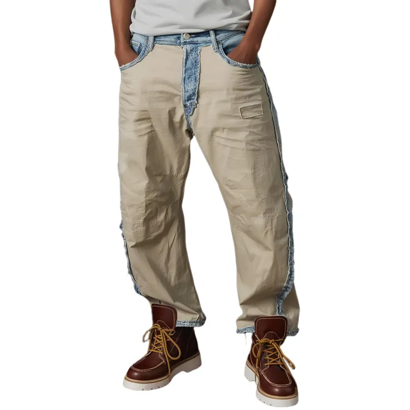 Men's Fashion Washed Denim Stitching Cotton Loose Straight Cargo Pants MTA2485F4Z sold by Manly