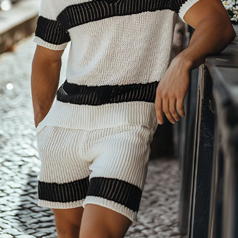 Men's Summer Fashion Casual Black And White Horizontal Striped V-neck Knitted Short-sleeved T-shirt Elastic Waist Shorts Set MTA2665F6K sold by Manly product image thumbnail 5