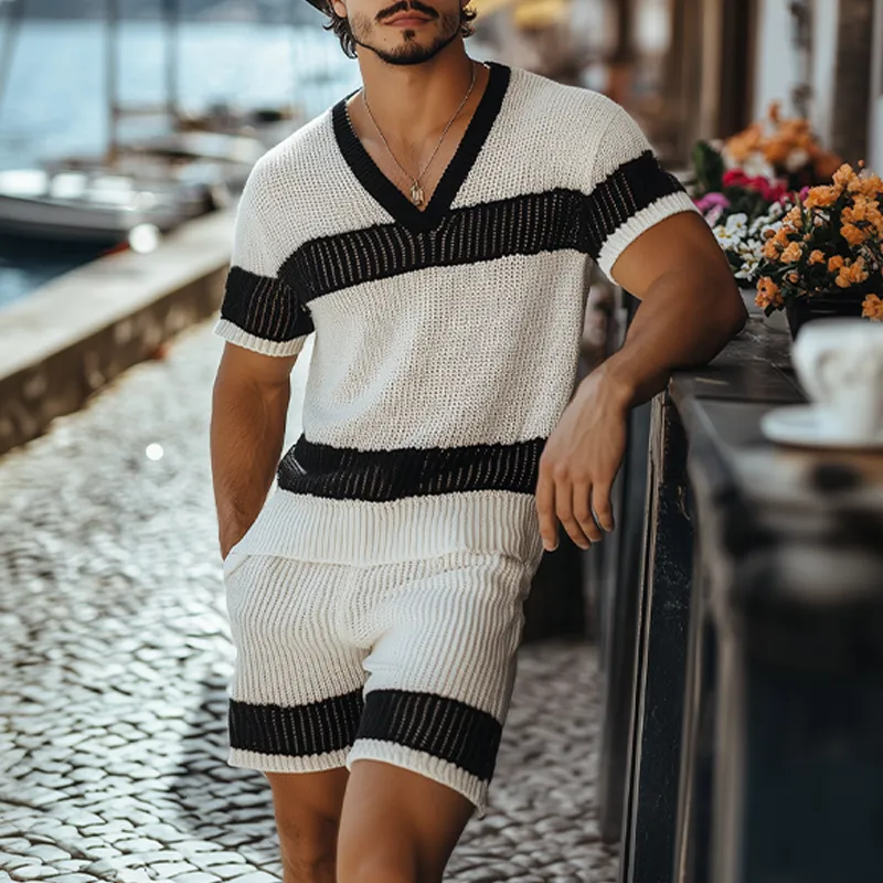 Men's Summer Fashion Casual Black And White Horizontal Striped V-neck Knitted Short-sleeved T-shirt Elastic Waist Shorts Set MTA2665F6K sold by Manly product image thumbnail 2