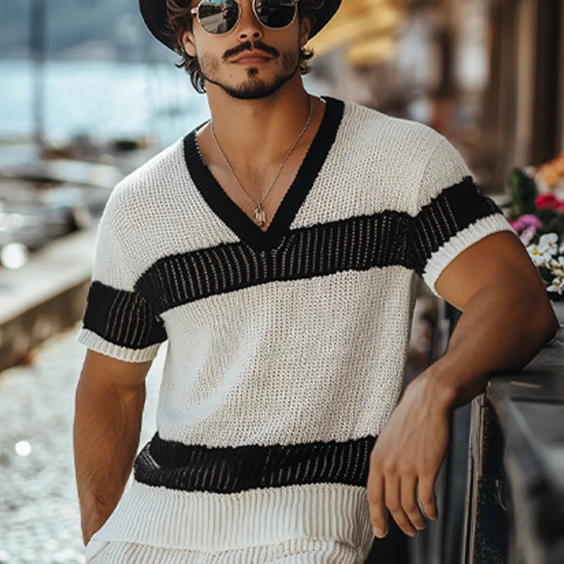 Men's Summer Fashion Casual Black And White Horizontal Striped V-neck Knitted Short-sleeved T-shirt Elastic Waist Shorts Set MTA2665F6K sold by Manly product image thumbnail 4