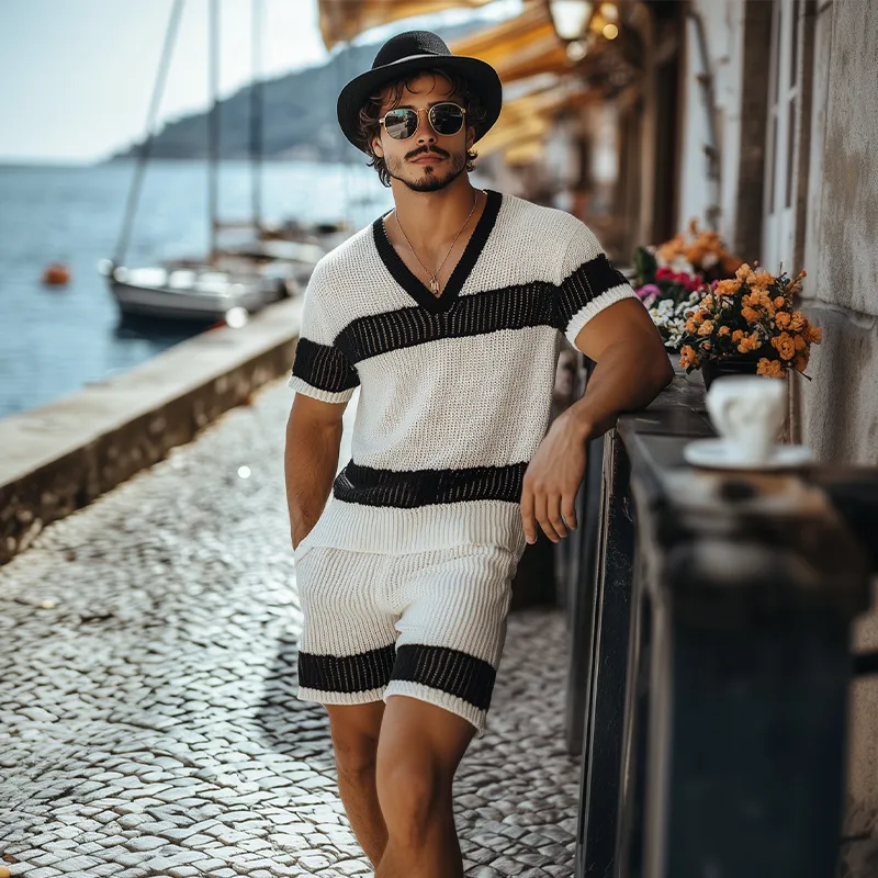 Men's Summer Fashion Casual Black And White Horizontal Striped V-neck Knitted Short-sleeved T-shirt Elastic Waist Shorts Set MTA2665F6K sold by Manly product image thumbnail 3