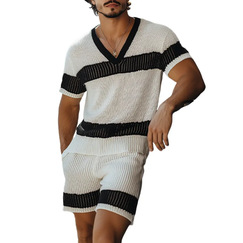 Men's Summer Fashion Casual Black And White Horizontal Striped V-neck Knitted Short-sleeved T-shirt Elastic Waist Shorts Set MTA2665F6K sold by Manly