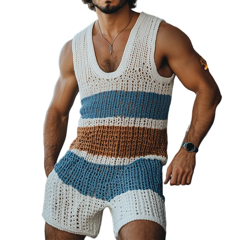 Men's Fashion Casual U-neck Contrast Striped Knitted Jumpsuit MTA2672F9K sold by Manly