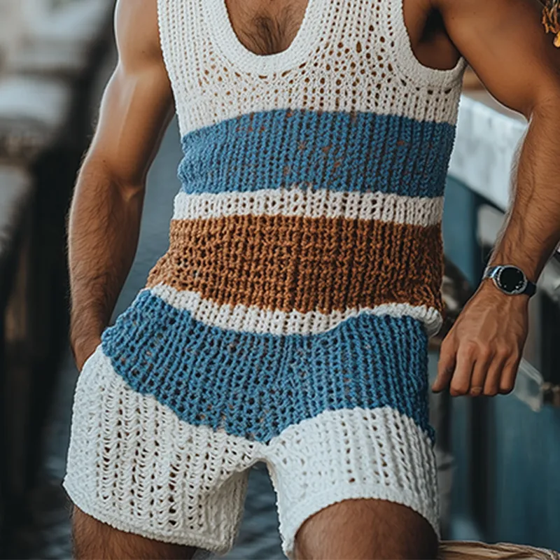 Men's Fashion Casual U-neck Contrast Striped Knitted Jumpsuit MTA2672F9K sold by Manly product image thumbnail 5