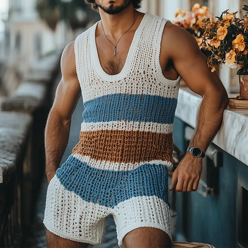 Men's Fashion Casual U-neck Contrast Striped Knitted Jumpsuit MTA2672F9K sold by Manly product image thumbnail 2