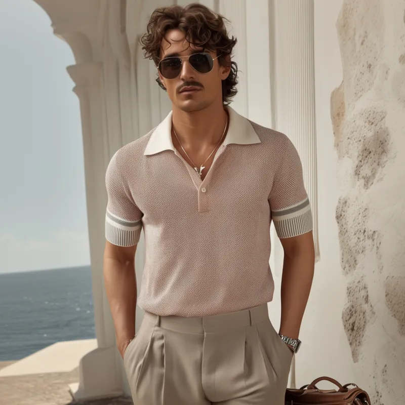 Men's Stylish Colorblock Lapel Slim Fit Short-sleeved Knitted Polo Shirt MTA2533F6M sold by Manly product image thumbnail 3