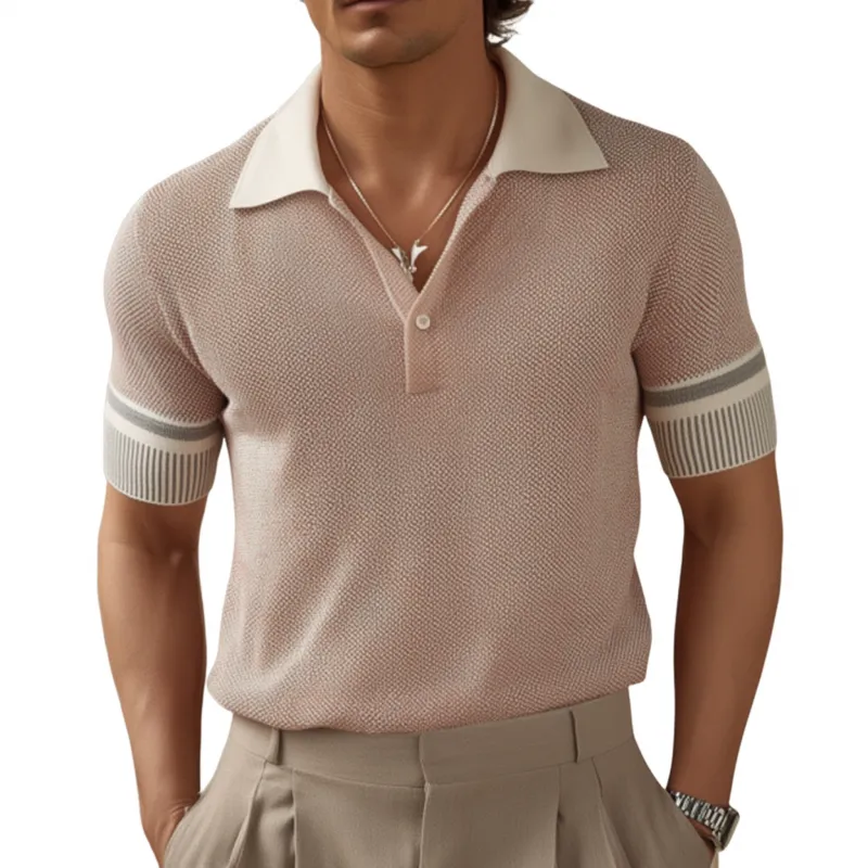 Men's Stylish Colorblock Lapel Slim Fit Short-sleeved Knitted Polo Shirt MTA2533F6M sold by Manly
