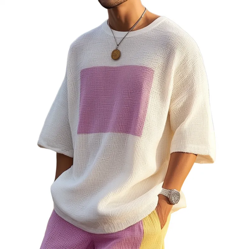 Men's Fashion Colorblock Round Neck Loose Short Sleeve Knitted Sweater T-shirt MTA2593F8M sold by Manly