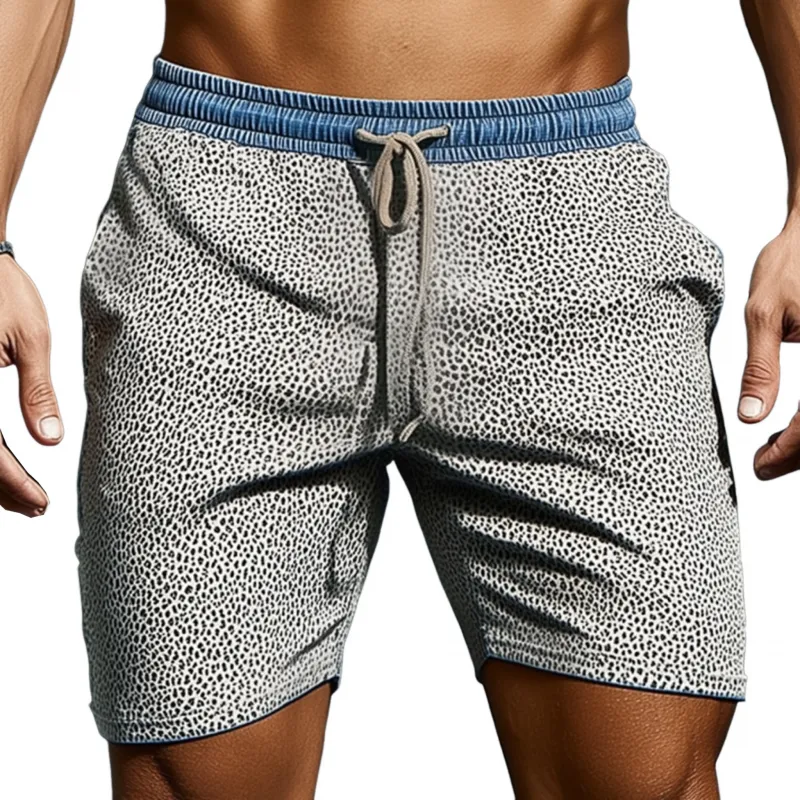 Men's Casual Cotton Leopard And Denim Patchwork Elastic Waist Drawstring Shorts MTA2566F7M sold by Manly