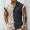 Men's Fashion Breathable Contrast Color Cotton Linen Cuban Collar Slim Sleeveless Shirt MTA2569F3M sold by Manly