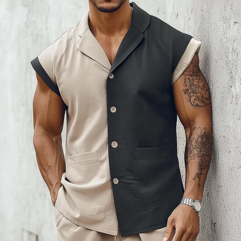 Men's Fashion Breathable Contrast Color Cotton Linen Cuban Collar Slim Sleeveless Shirt MTA2569F3M sold by Manly product image thumbnail 2