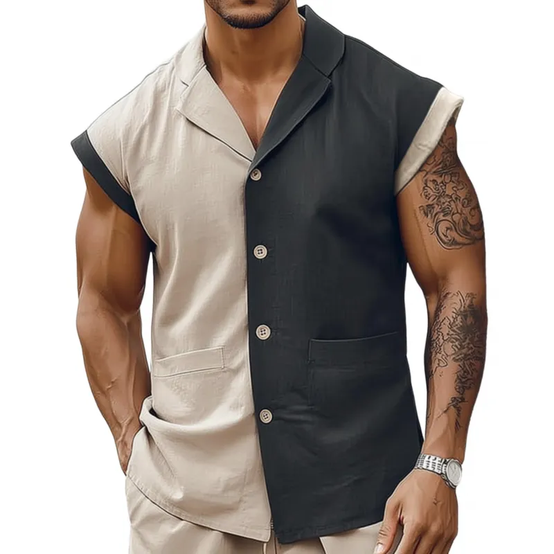 Men's Fashion Breathable Contrast Color Cotton Linen Cuban Collar Slim Sleeveless Shirt MTA2569F3M sold by Manly