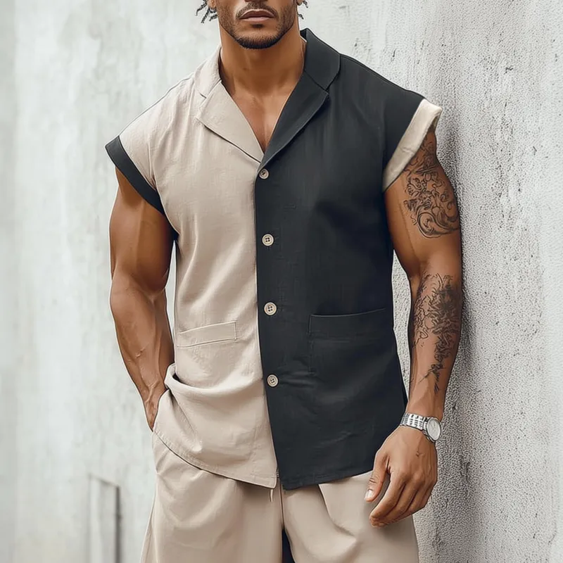 Men's Fashion Breathable Contrast Color Cotton Linen Cuban Collar Slim Sleeveless Shirt MTA2569F3M sold by Manly product image thumbnail 3