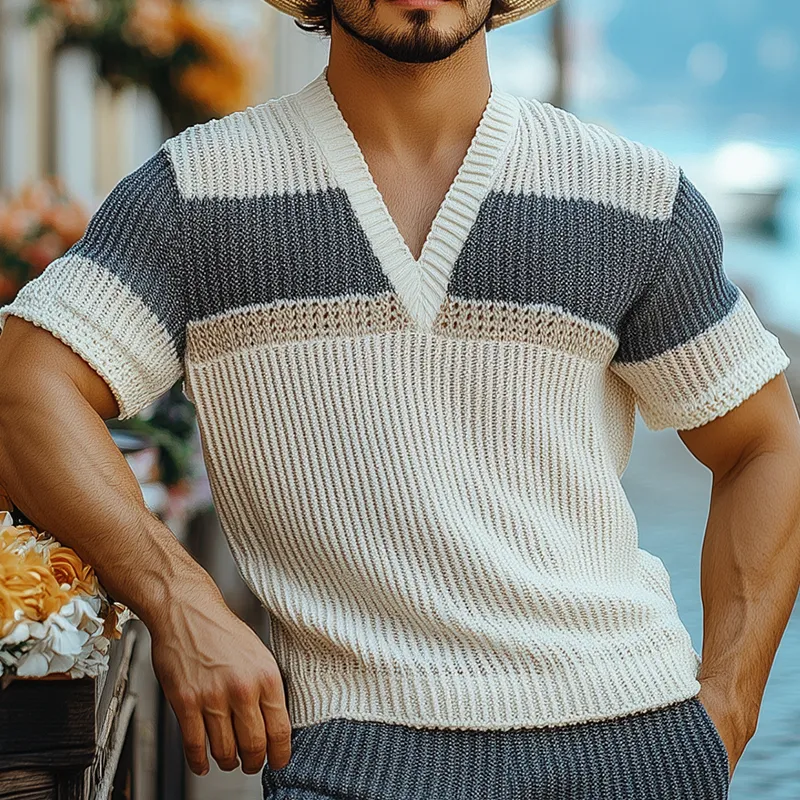 Men's Fashion Casual V-neck Horizontal Striped Knitted Short Sleeve T-shirt Elastic Waist Shorts Set MTA2655F3K sold by Manly product image thumbnail 4