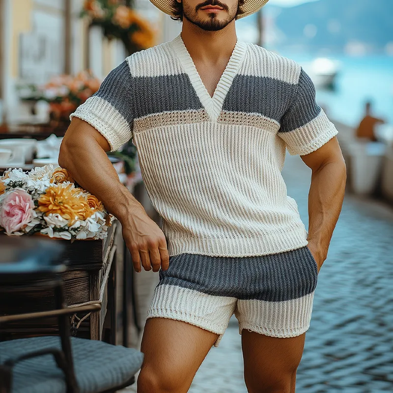 Men's Fashion Casual V-neck Horizontal Striped Knitted Short Sleeve T-shirt Elastic Waist Shorts Set MTA2655F3K sold by Manly product image thumbnail 2