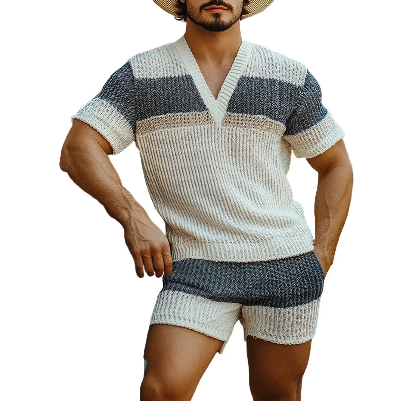 Men's Fashion Casual V-neck Horizontal Striped Knitted Short Sleeve T-shirt Elastic Waist Shorts Set MTA2655F3K sold by Manly