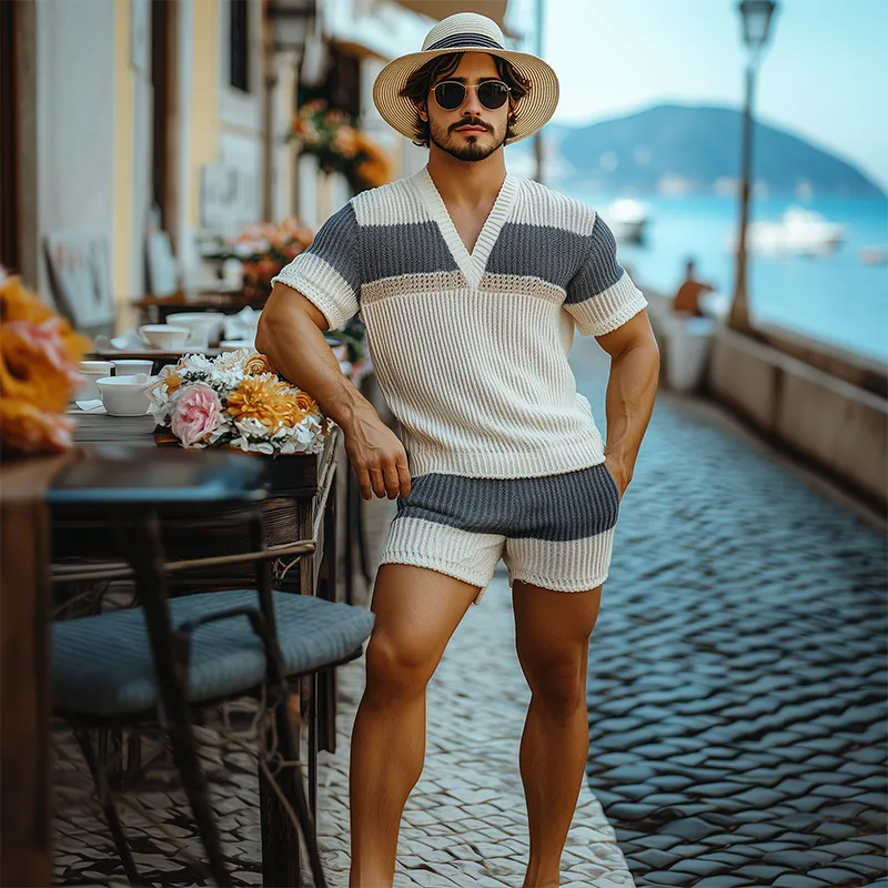 Men's Fashion Casual V-neck Horizontal Striped Knitted Short Sleeve T-shirt Elastic Waist Shorts Set MTA2655F3K sold by Manly product image thumbnail 3