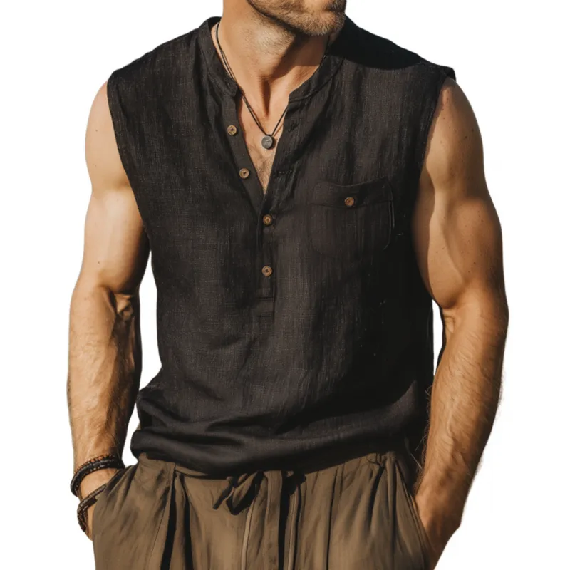 Men's Casual Breathable Cotton Linen Button Stand Collar Patch Pocket Loose Sleeveless Shirt MTA2659F5M sold by Manly